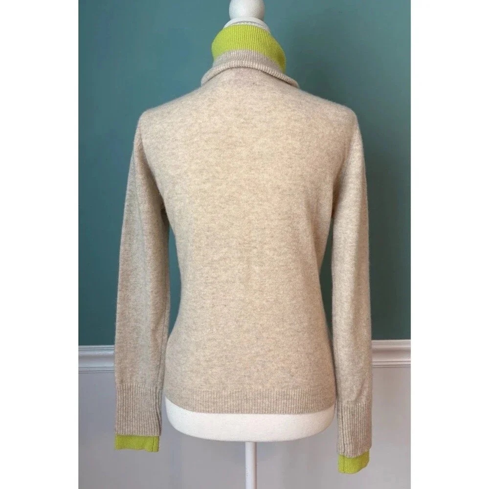 Brodie Cashmere 100% Cashmere Turtleneck Sweater Neon Lime Trim Beige Size S